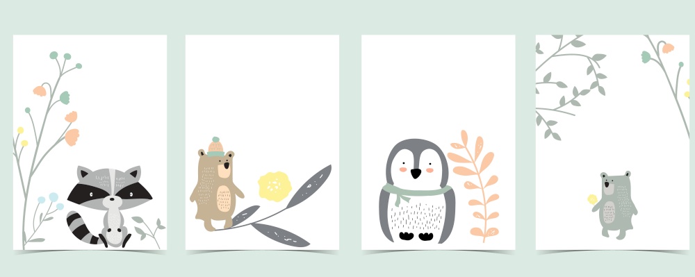 Collection of pink boho cards set with bear,jungle,skunk,penguin .Vector illustration for birthday invitation,postcard and sticker.Editable element