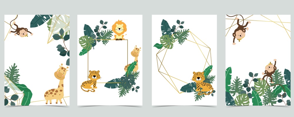 Green collection of safari background set with monkey,leopard,giraffe.Editable vector illustration for birthday invitation,postcard and sticker