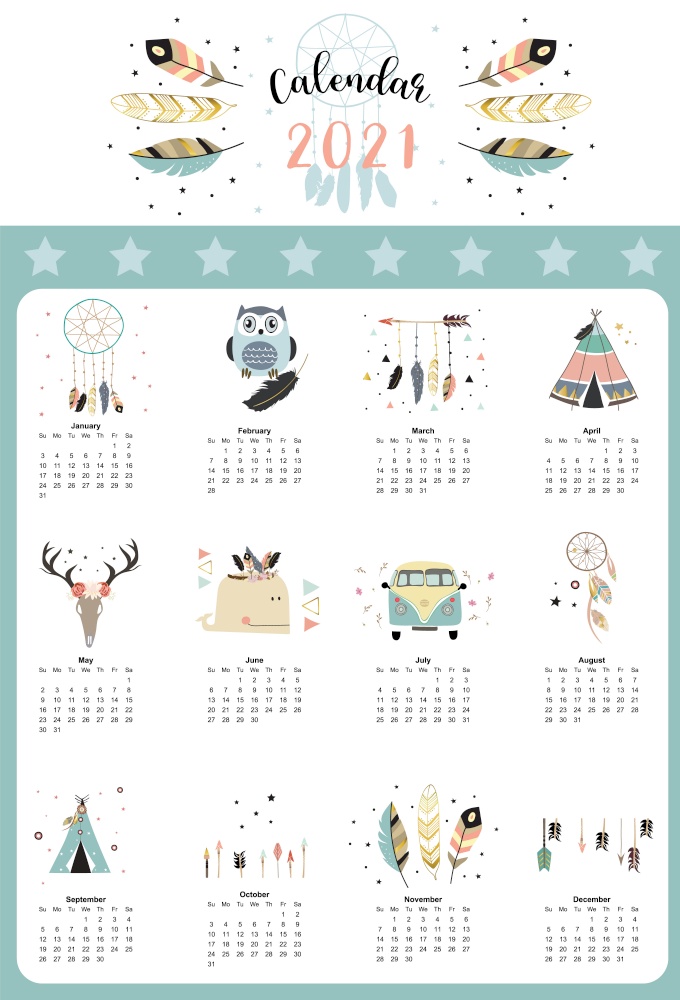 Cute boho calendar 2021 with feather,catcher,wild,wreath for children, kid, baby.Can be used for printable graphic.Editable element