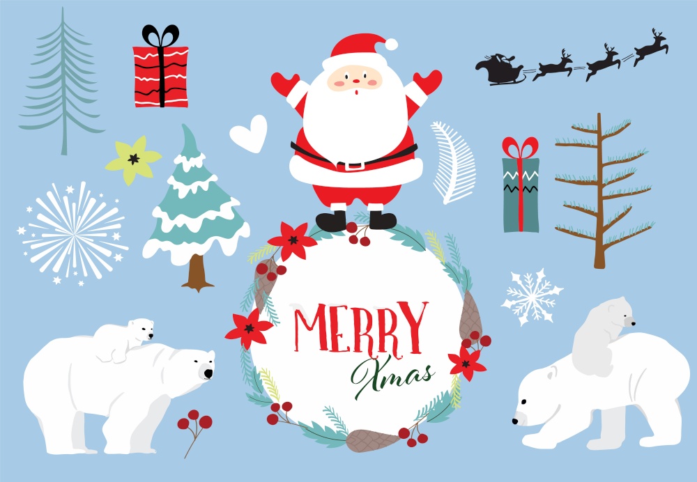 Cute Christmas object collection with santa claus,christmas tree, polar bear, snowflake
