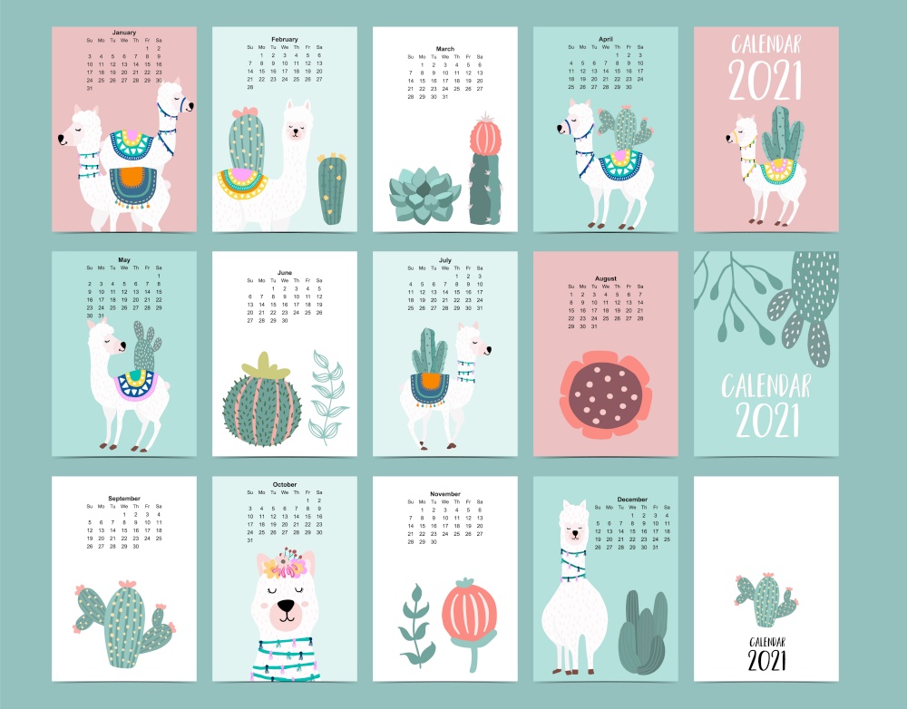 Cute animal calendar 2021 with llama, alpaca, cactus for children, kid, baby.Can be used for printable graphic.Editable elemen