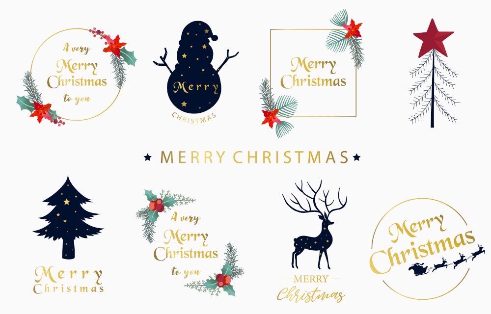 Christmas collection with Christmas tree,snowman,wreath,flower.Vector illustration for icon,sticker,printable and tattoo
