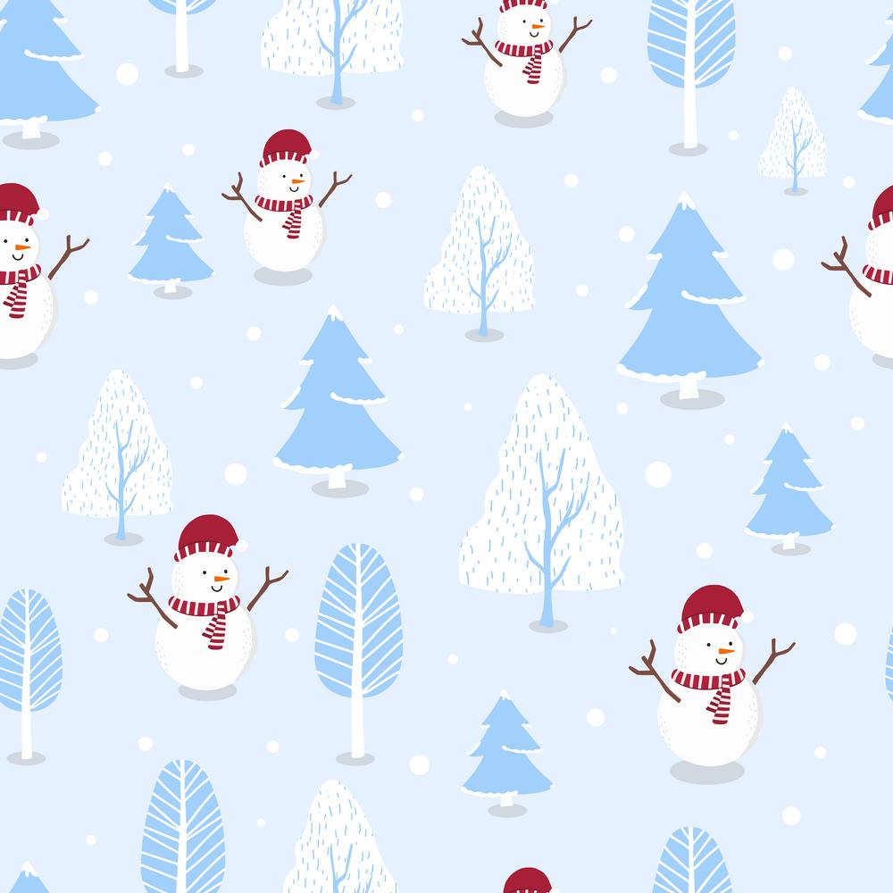 Cute winter seamless pattern with snowman,snow,tree for Christmas holiday