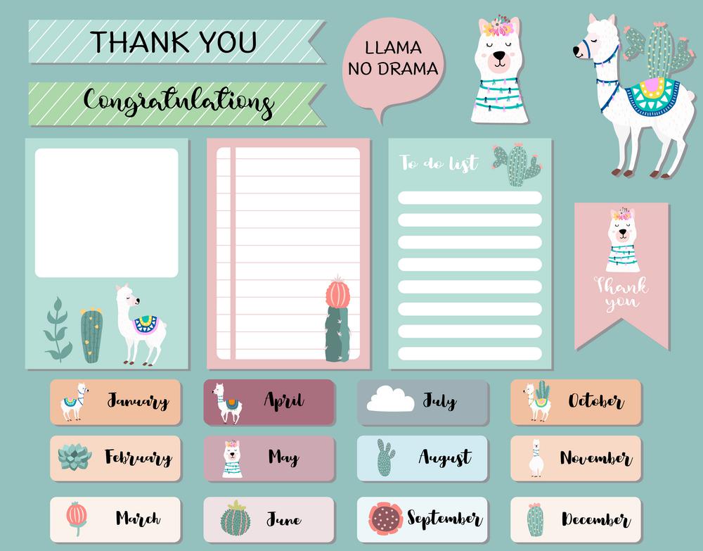 Pastel monthly calendar planner with llama,alpaca,cactus.Can use for printable,scrapbook,diary