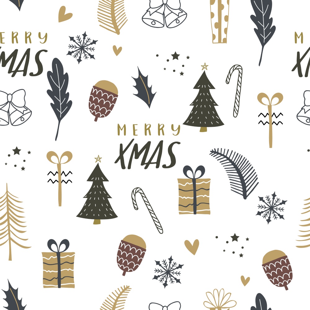 Cute seamless pattern with snow,tree,leaf,holly,gift for Christmas holiday