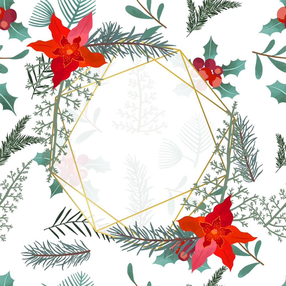 Natural seamless pattern with flower,leaf,holly for Christmas holiday