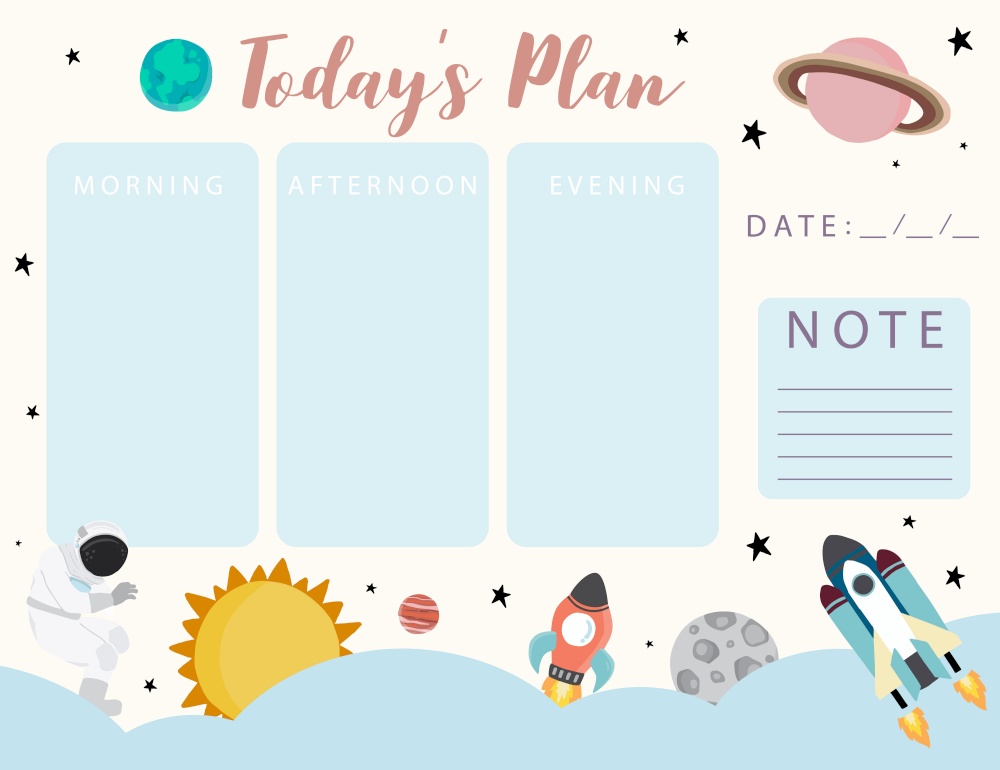 Galaxy calendar planner with planet, sun, moon,rocket.Can use for printable,scrapbook,diary