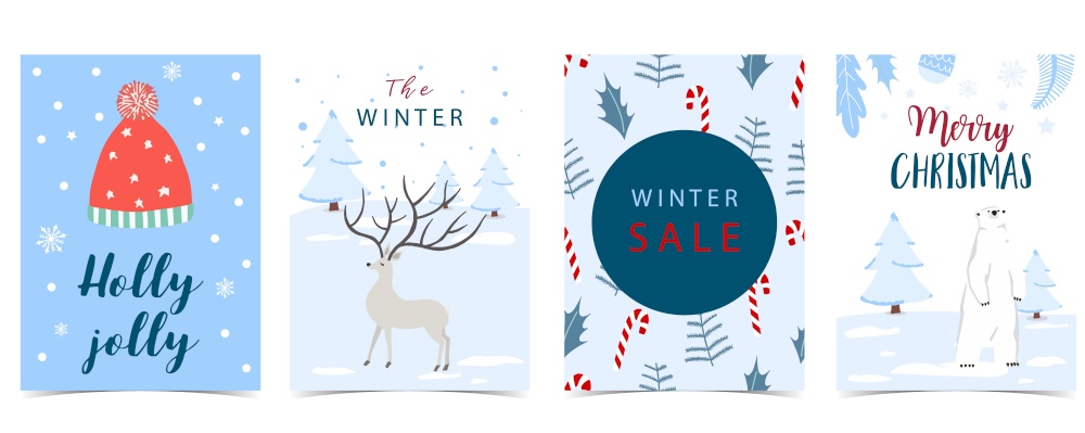 Collection of winter background set with tree,raindeer,bear,hat.Editable vector illustration for christmas invitation,postcard and website banner