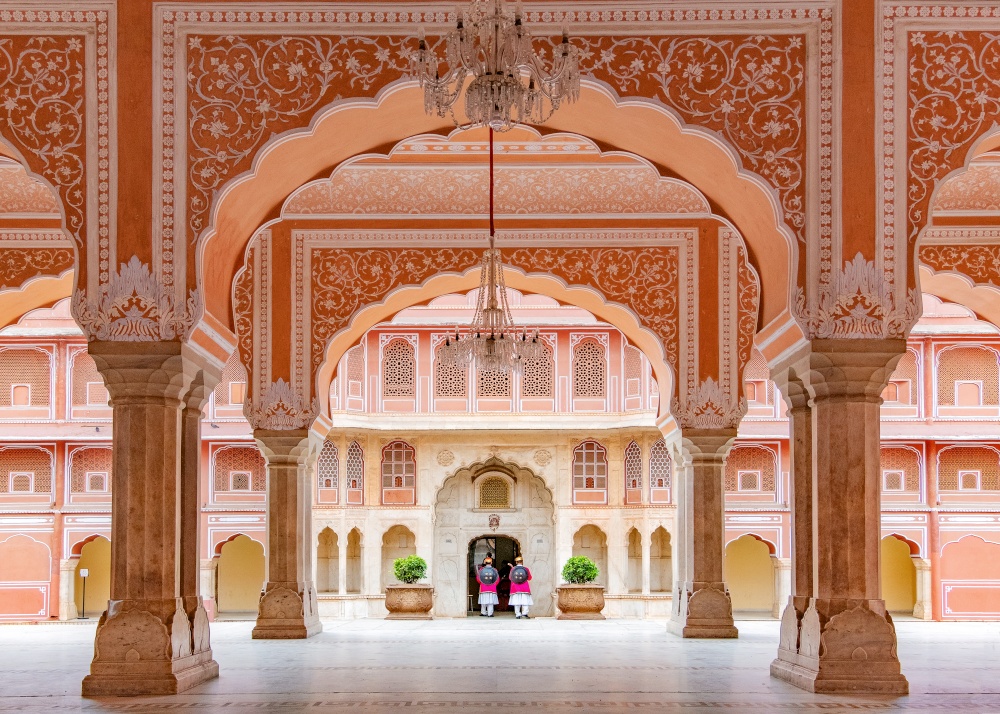 Jaipur city palace in Jaipur city, Rajasthan, India. An UNESCO world heritage know as beautiful pink color architectural elements. A famous destination in India.. Jaipur city palace in Jaipur city, Rajasthan, India.