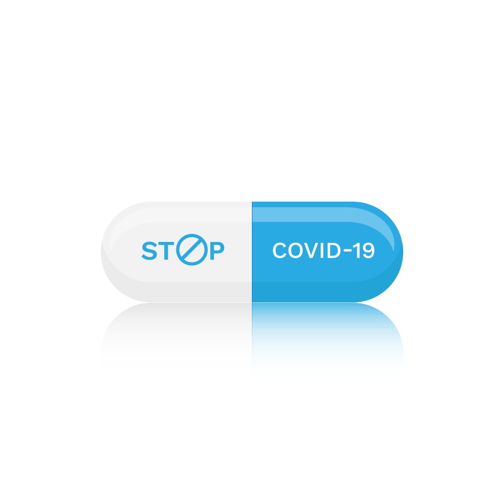 White and blue capsule pill Stop Covid-19 concept isolated on white background