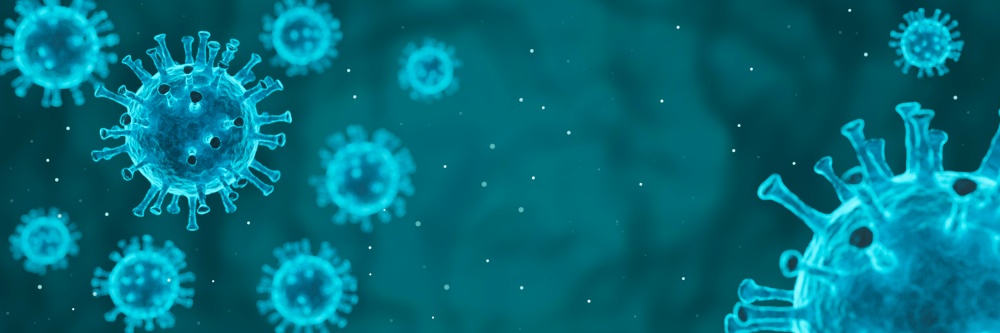 Coronavirus bacteria COVID-19 banner, illustration microscopic view of floating influenza virus cells, 3d render