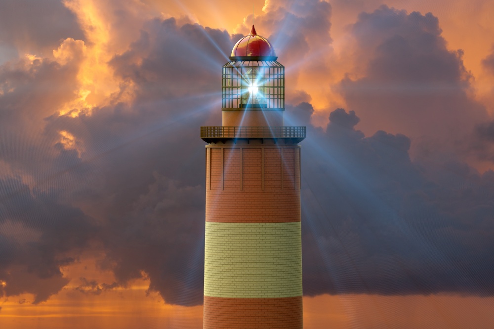 3D rendering of a lighthouse against  a sunset