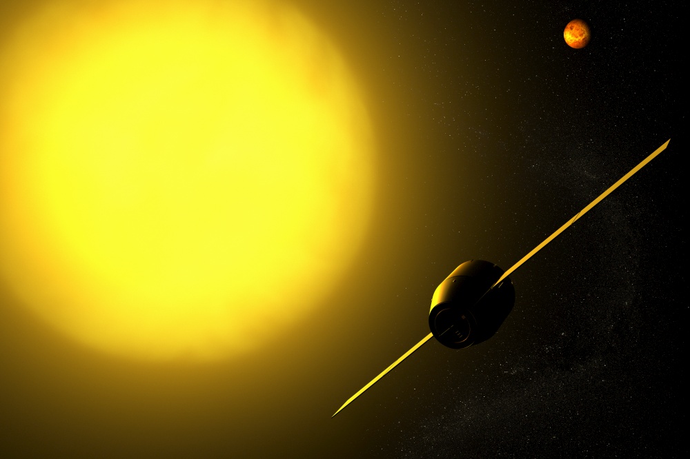 3D rendering of a spacecraft aproaching Venus and the sun