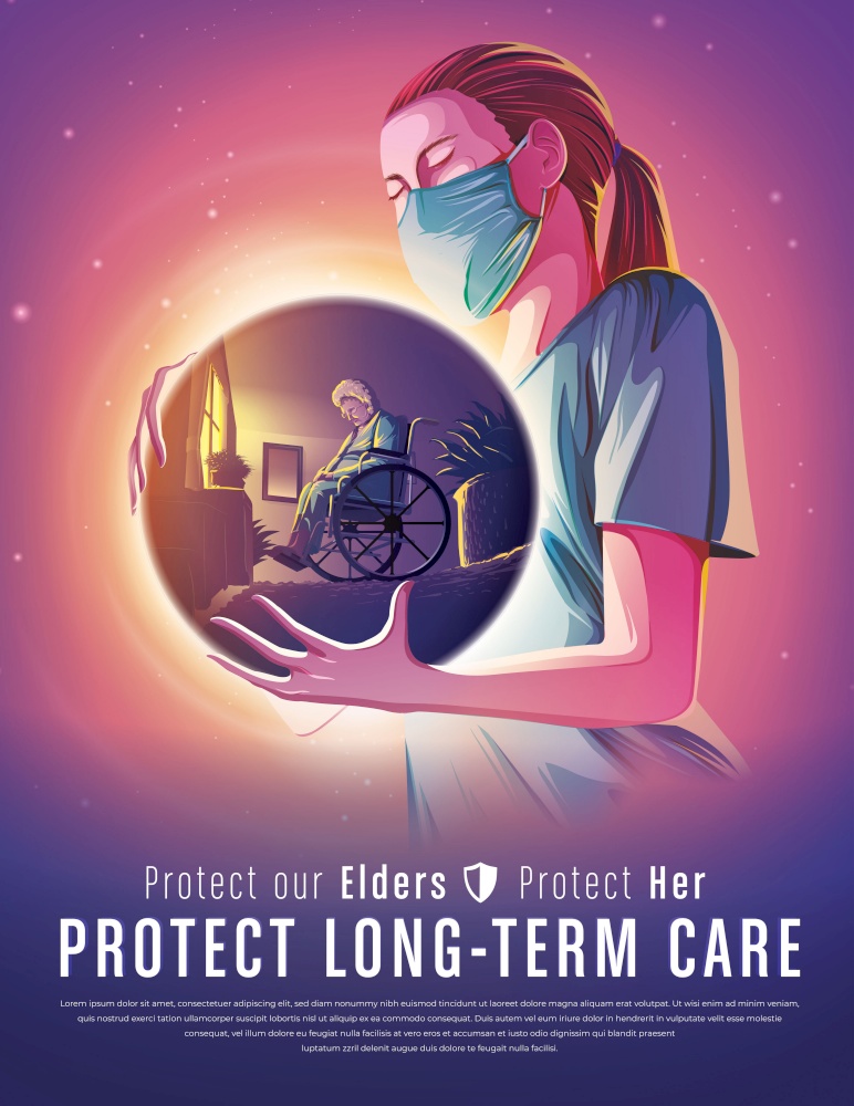 Vector illustration of medical health care nurse concept providing long term care and wellness to elderly vulnerable and disabled people