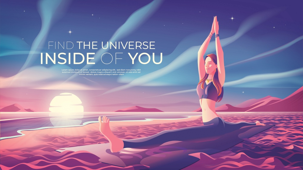 A vector illustration of a woman doing yoga in hanumanasana pose on the beach in the morning