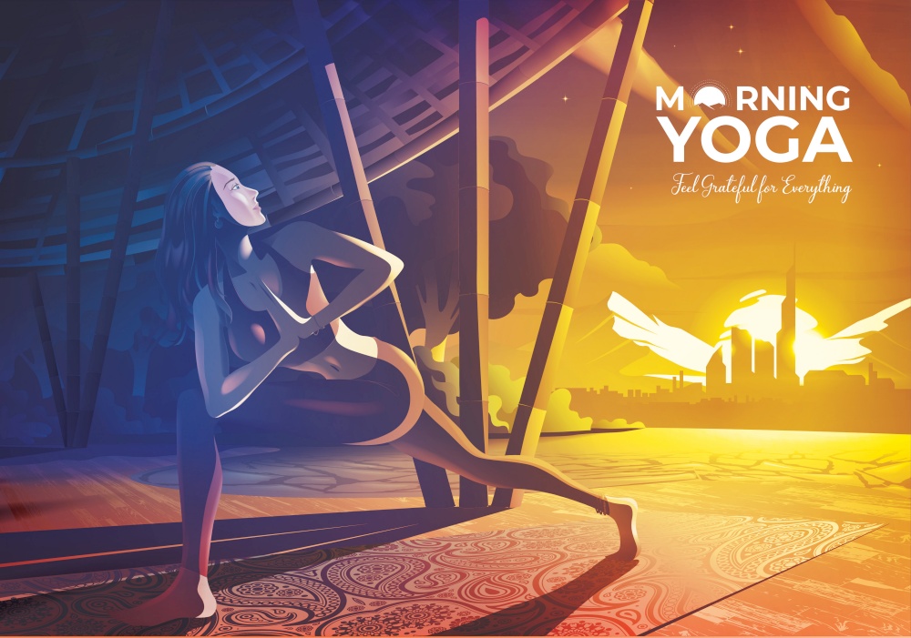 A vector illustration of a woman doing morning yoga