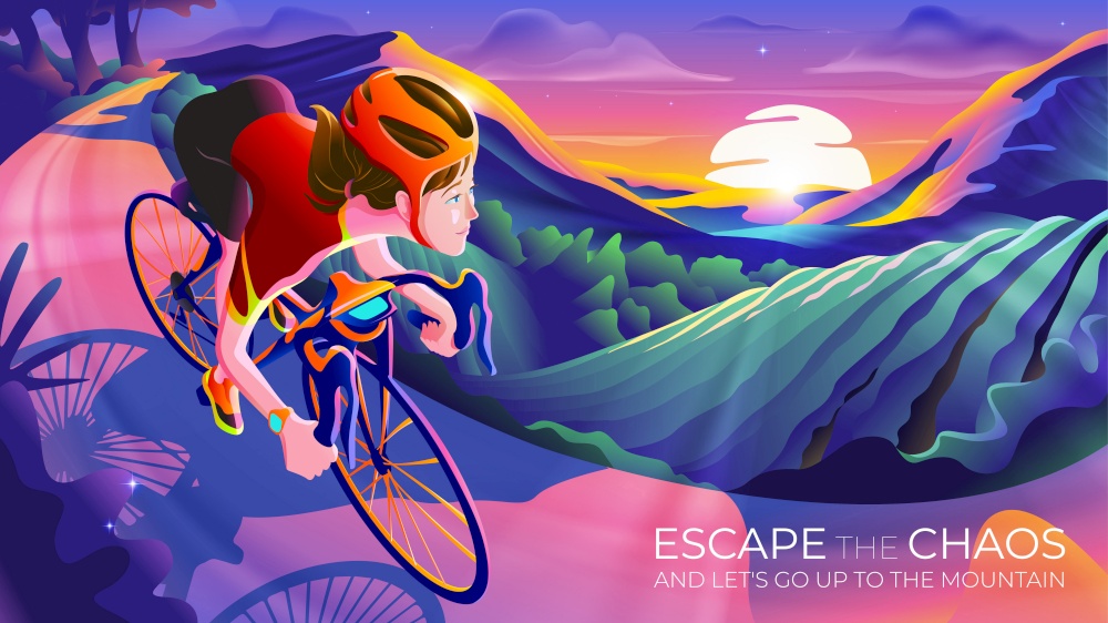 Vector illustration featuring the lady cyclist riding her bike on the mountain in the morning