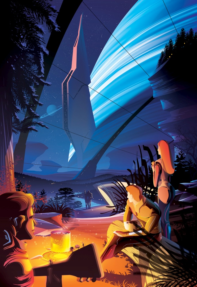 Futuristic vector illustration featuring mankind in the future are enjoying the campfire inside the massive habitat on another planet somewhere in the universe.