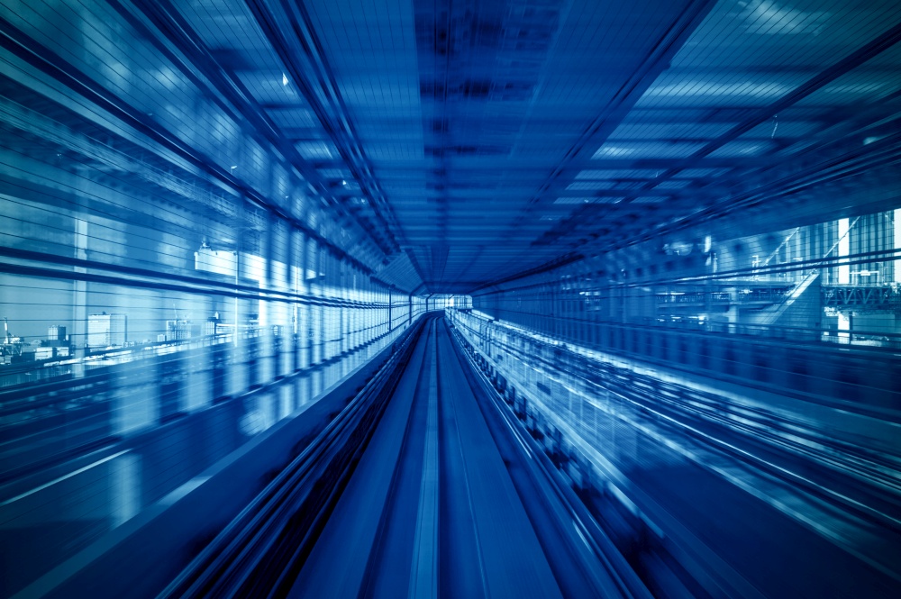 Motion blur of Automatic train moving inside tunnel in Tokyo, Japan.