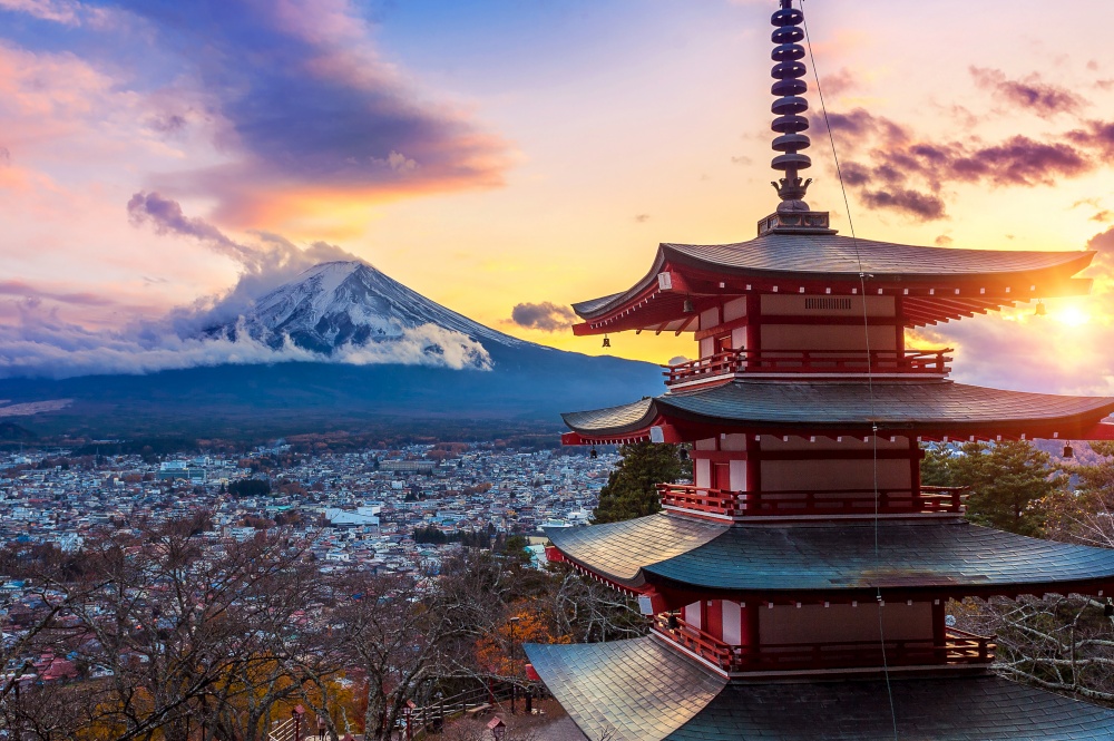Beautiful landmark of Fuji mountain and Chureito Pagoda at sunset, Japan.