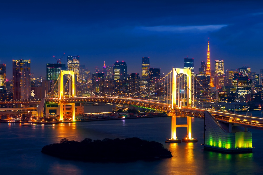 Tokyo skyline with Rainbow bridge and Tokyo tower. Tokyo, Japan.