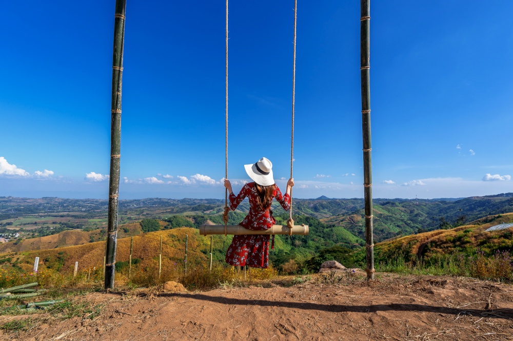 Young woman sitting on a swing and looking to nature.
