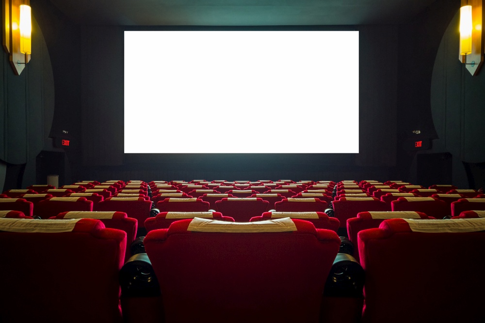 Cinema hall with red seat and wide white screen