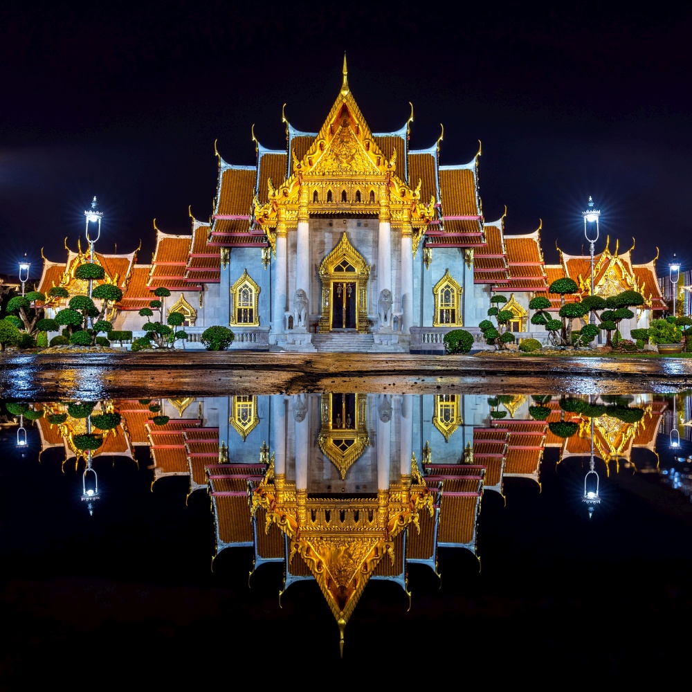 Wat Benchamabophit or the Marble Temple at night in Bangkok, Thailand.