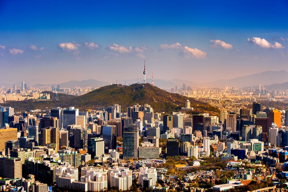 View of cityscape and Seoul tower in Seoul, South Korea. Autumn.