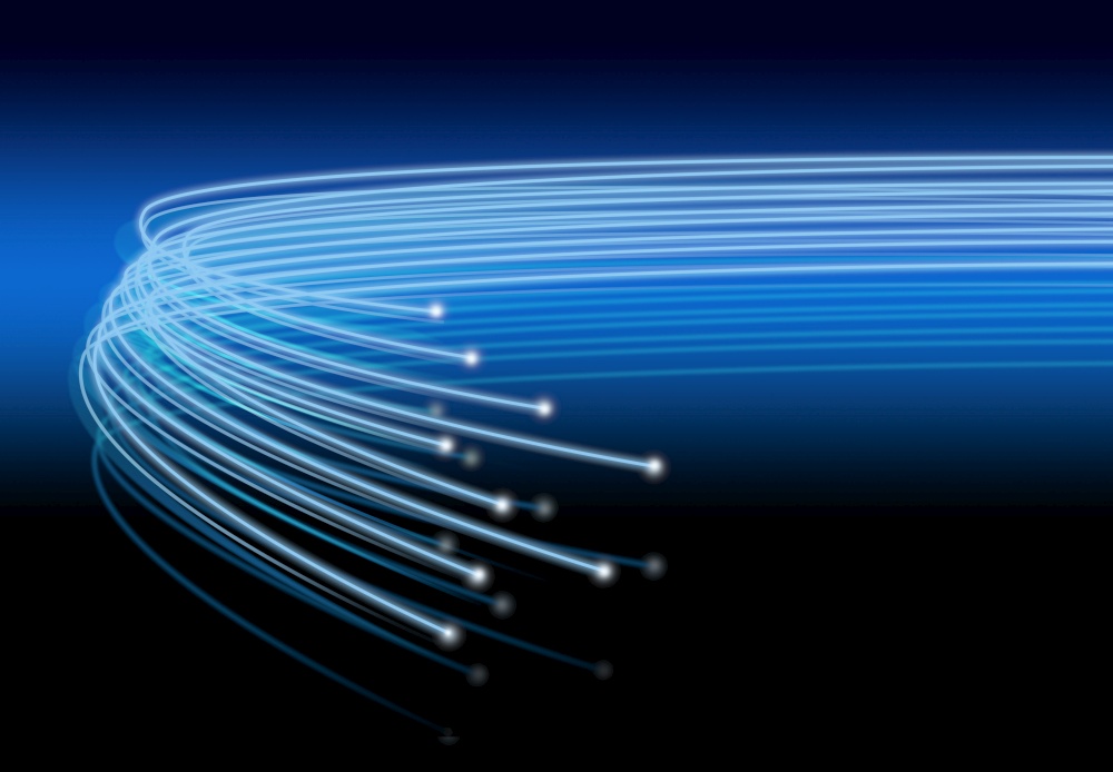 Optical fibers lights speeding on blue black background