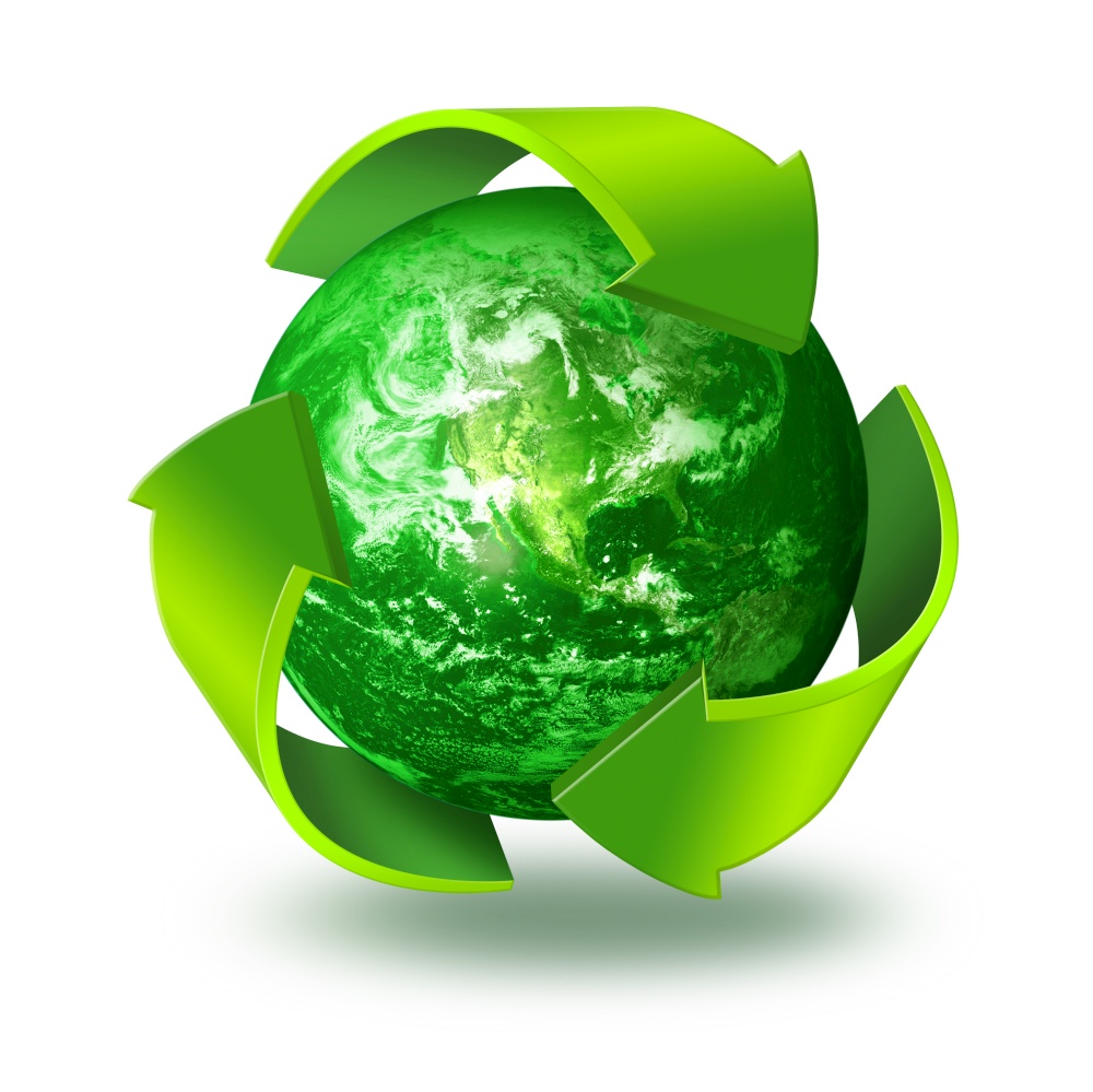 Three arrows symbol around green planet Earth, recycling concept 3d, isolated on white background. Earth recycling concept