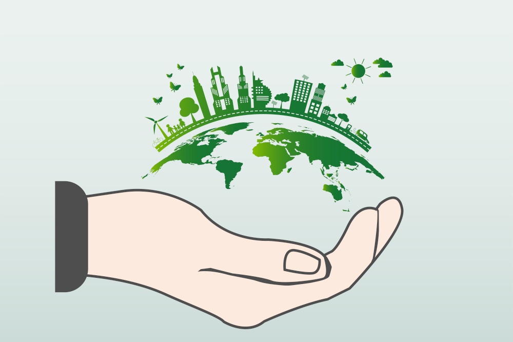 The world in your hands ecology concept.Green cities help the world with eco-friendly concept idea.with globe and tree background,vector illustration