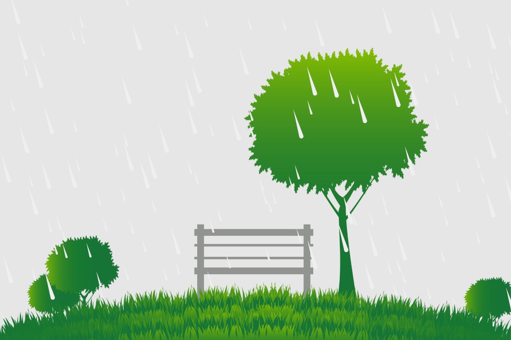 Chair and tree in the rain on green background,Vector illustration