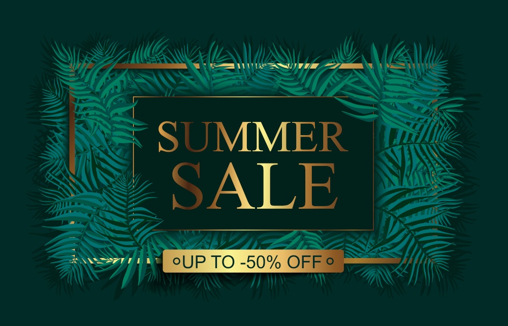 Summer sale announcement background with leaves, stem isolated on green backdrop. Minimalistic style floral background with gold lettering and elements. Discount text offer 50 percent. Vector illustration. Summer sale announcement background with leaves, stem isolated on green backdrop.