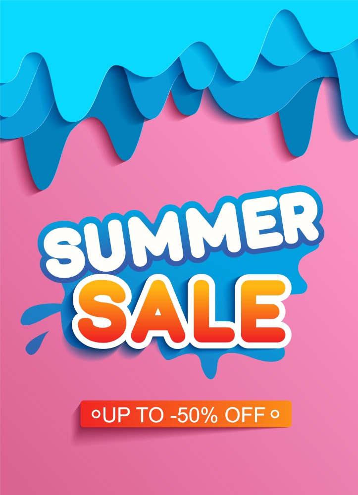 Summer sale banner with paper cut with blue paper cut shapes, design for banner, flyer, invitation, poster, web site or greeting card. Paper cut style, vector illustration. Summer sale banner with paper cut