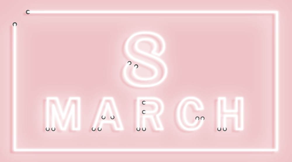 Glowing neon banner for World Women&rsquo;s Day on a pink background with the inscription March 8. Vector illustration. Glowing neon banner for World Women&rsquo;s Day