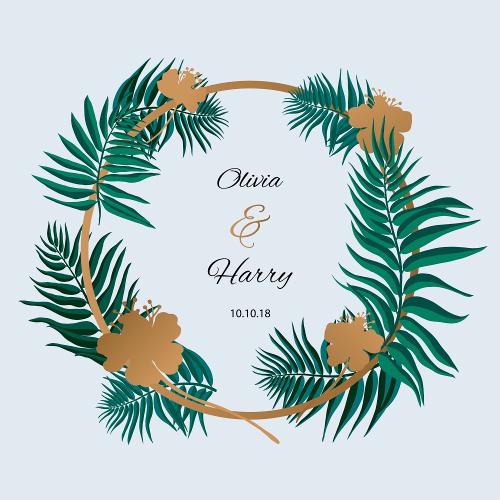 Palm leaves with golden flowers. EPS 10. Trendy Tropical Leaves Vector Design. Palm leaves with golden flowers.