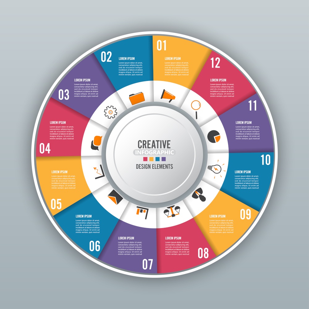 Circle chart infographic template with 12 options for presentations, advertising, layouts, annual reports.