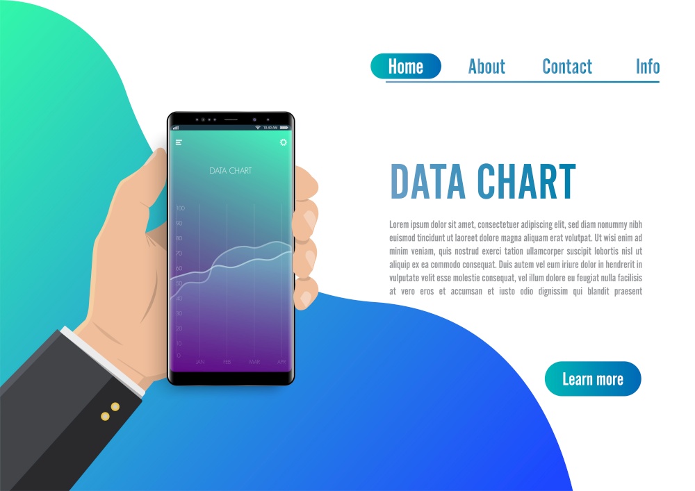 Market trend analysis on smartphone with line chart and graphs. Hand holds phone. Data chart concept. Flat design concept data marketing. Visualize with graph and chart marketing growth