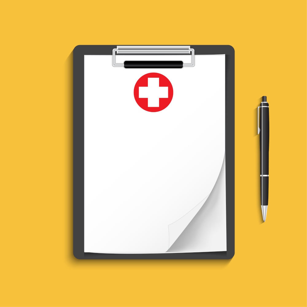 Clipboard with medical cross and pen. Clinical record, prescription, claim, medical check marks report, health insurance concepts. Premium quality. Modern flat design graphic elements. Vector illustration.