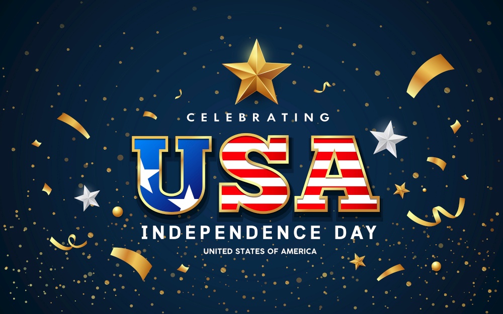 USA Word Text, American flag with golden design on blue background, vector illustration