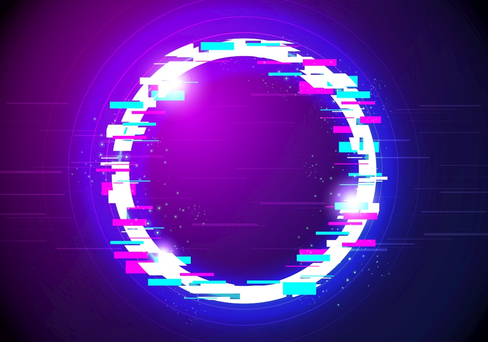 Vector Illustration glitched glow circle frame design. Modern distorted glitch style background. Graphic Design for Banner, Poster, Flyer, Brochure, Card.