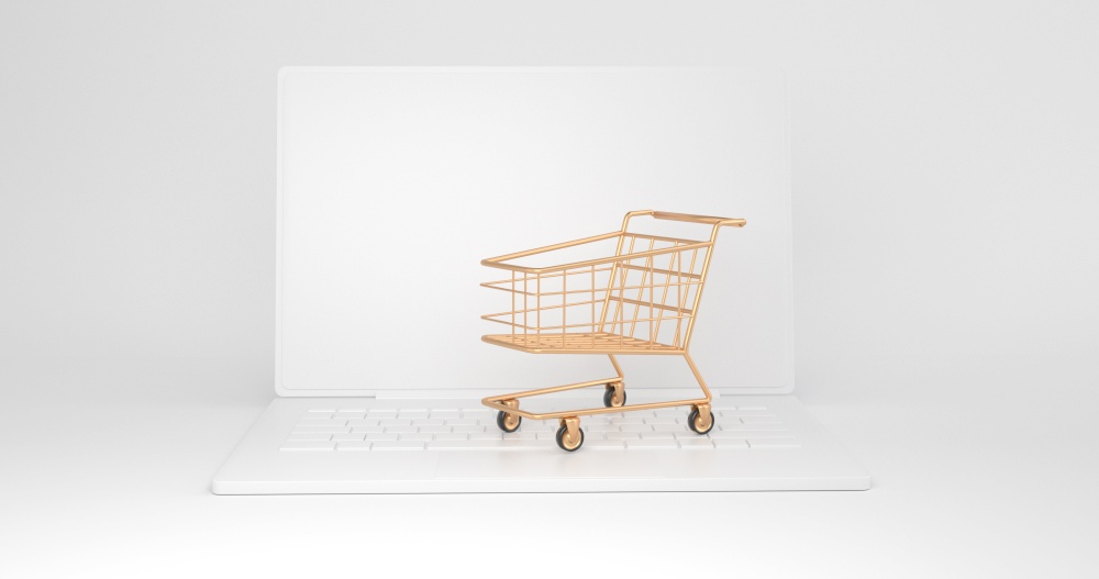 3d rendering of golden shopping cart and laptop..