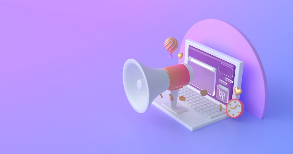 3d rendering of magaphone and laptop.
