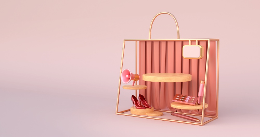3d rendering of the wooden podium and golden bag outline