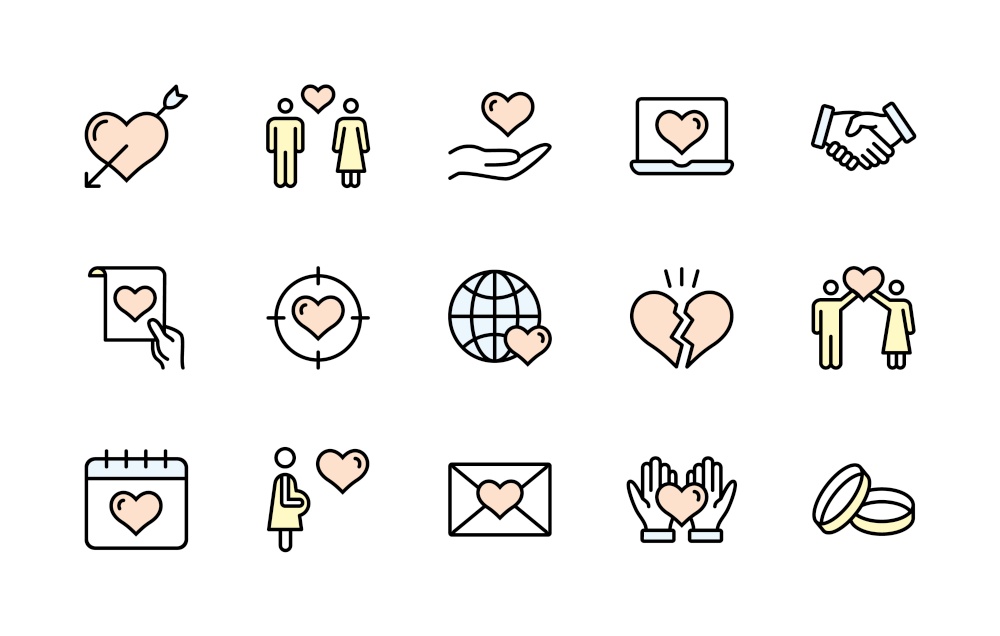 Love and heart, vector color linear icon set. Contains icons wedding, ring, couple, romance, romantic letter, happy couple, broken heart, friendship, handshake and much more. Vector character set.