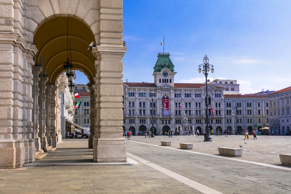 Piazza unita d&rsquo;Italia, the main square in Trieste, seaport city in northeast Italy. August 2019. Landmarks and beautiful places of Italy - Trieste city