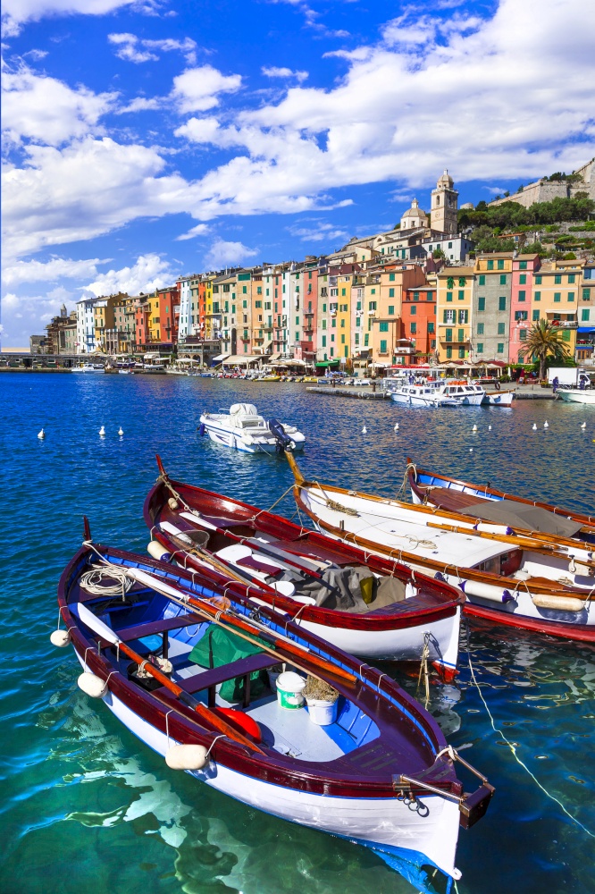 Famous  "Cinque terre" in Italy - beautiful Portovenere fishing village in Liguria and popular tourist attraction. Colorful Portovenere village. Cinque terre, Italy