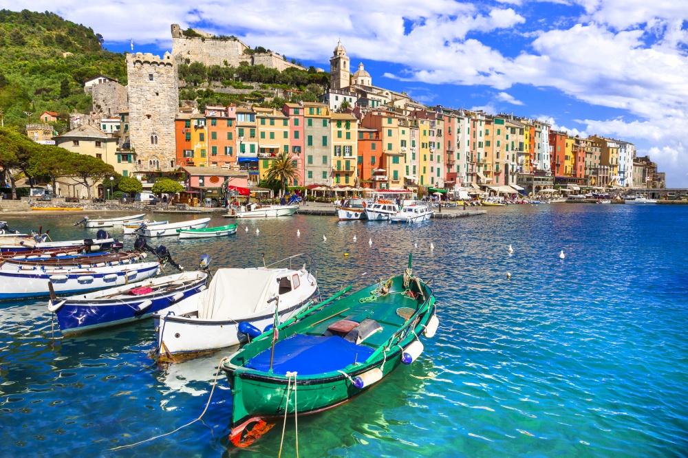 Famous  "Cinque terre" in Italy - beautiful Portovenere fishing village in Liguria and popular tourist attraction. Colorful Portovenere village. Cinque terre, Italy