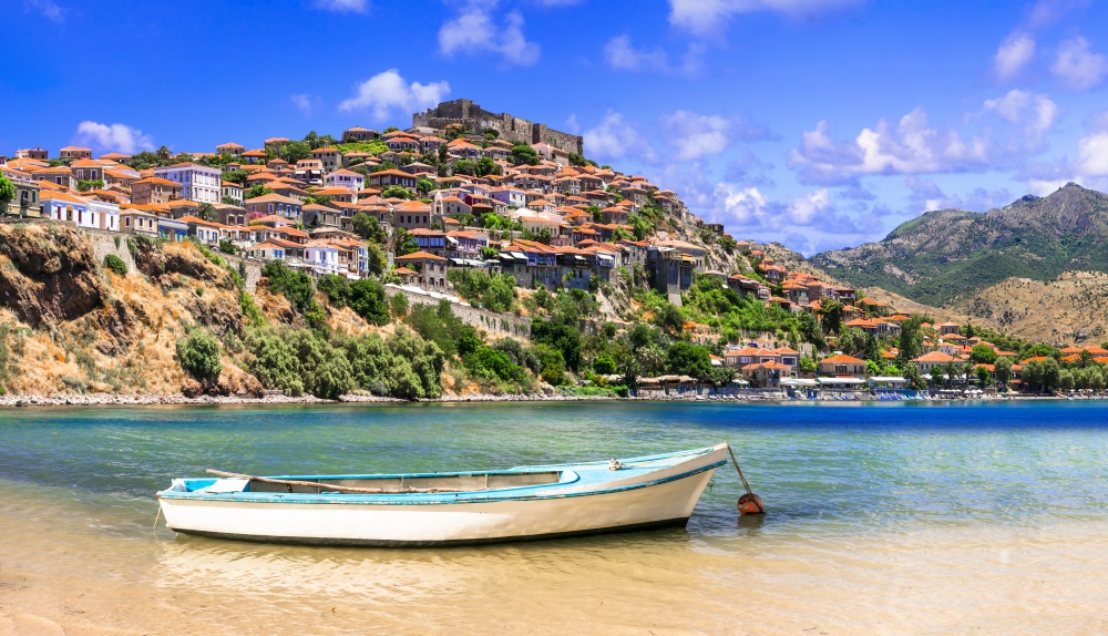 Traditional Greece. Lesvos island, view of town Molyvos (Mithymna) with old castle above. Picturesque Lesvos island. view of old town Molyvos
